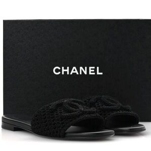 CHANEL Black Crochet Slide Sandals